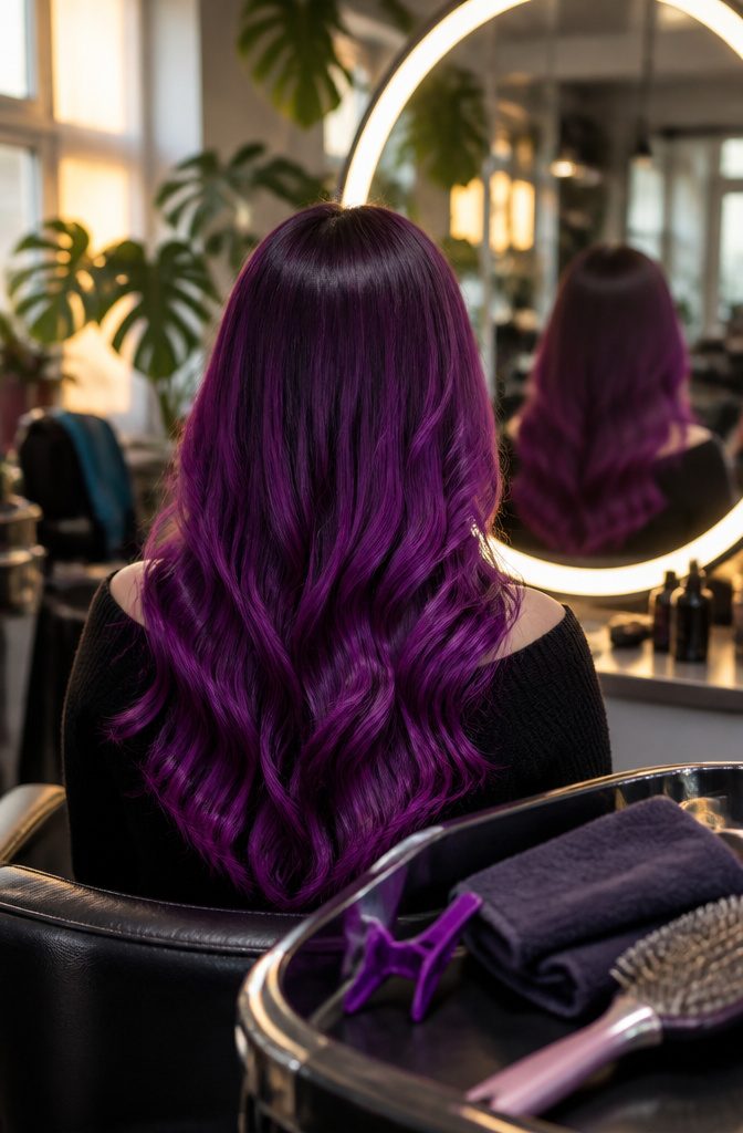 Hair colored a bright purple eggplant shade
