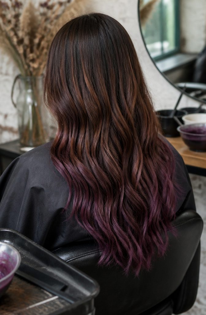 Brunette hair with aubergine balayage from mid-lengths to ends