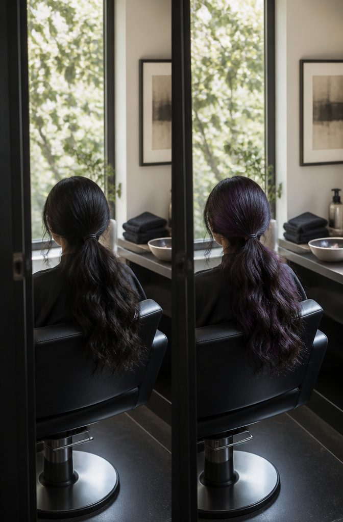 Black curly hair with aubergine violet catching the light