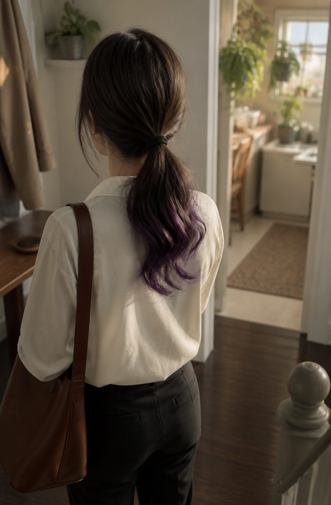 Hair with aubergine color on the ends and natural roots