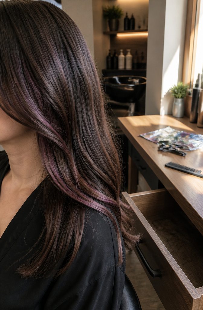 Brunette hair with aubergine streaks near the face and part