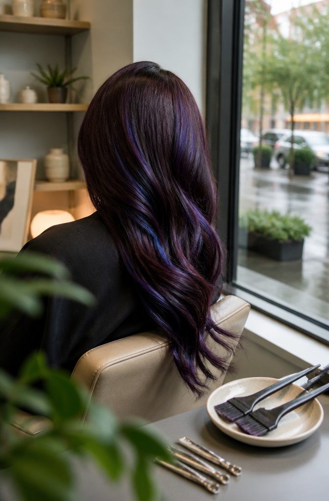 Aubergine hair with narrow blue streaks over one shoulder