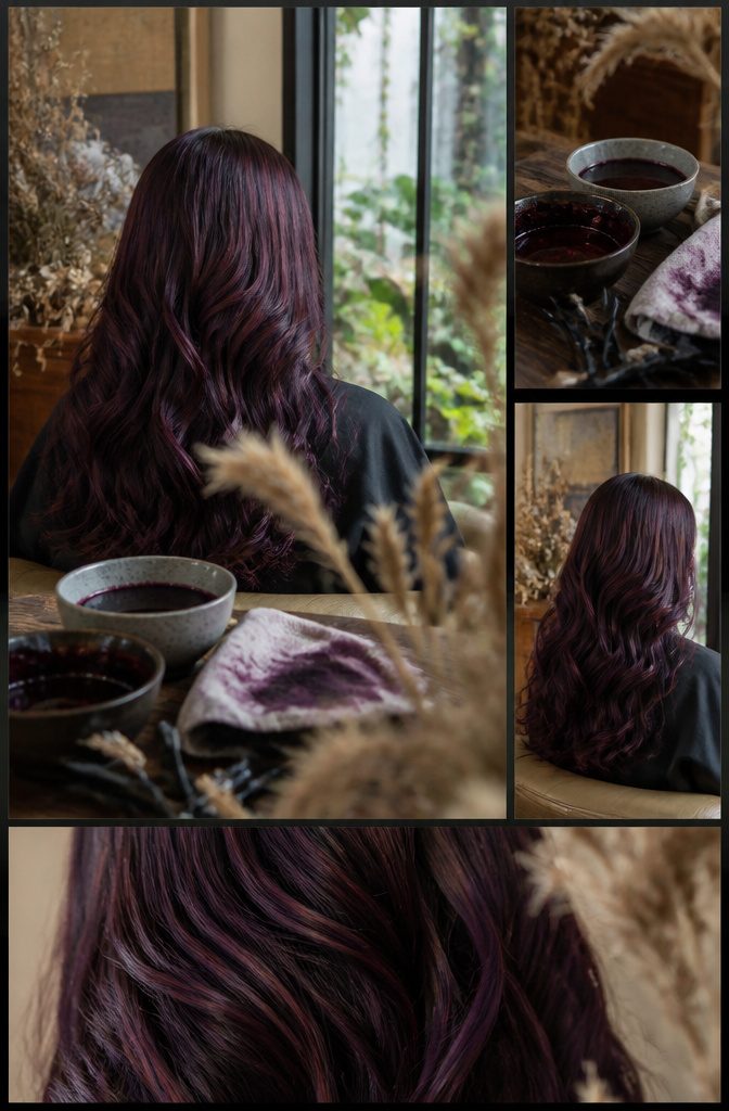 Cool aubergine hair with thin warm wine highlights