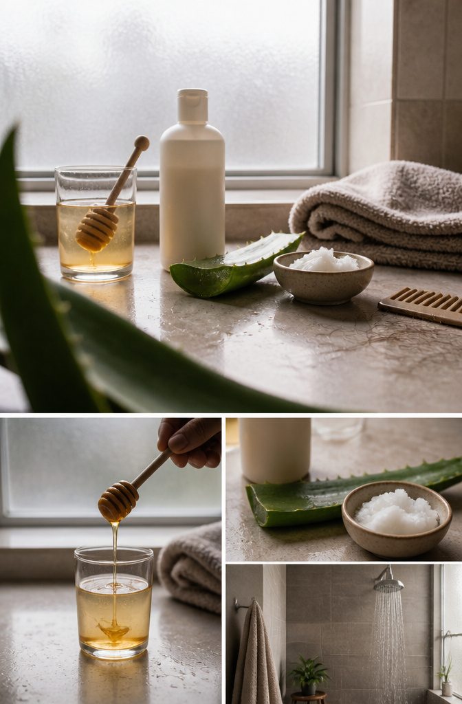 Baking soda beside vinegar conditioner, honey, aloe vera, and coconut oil