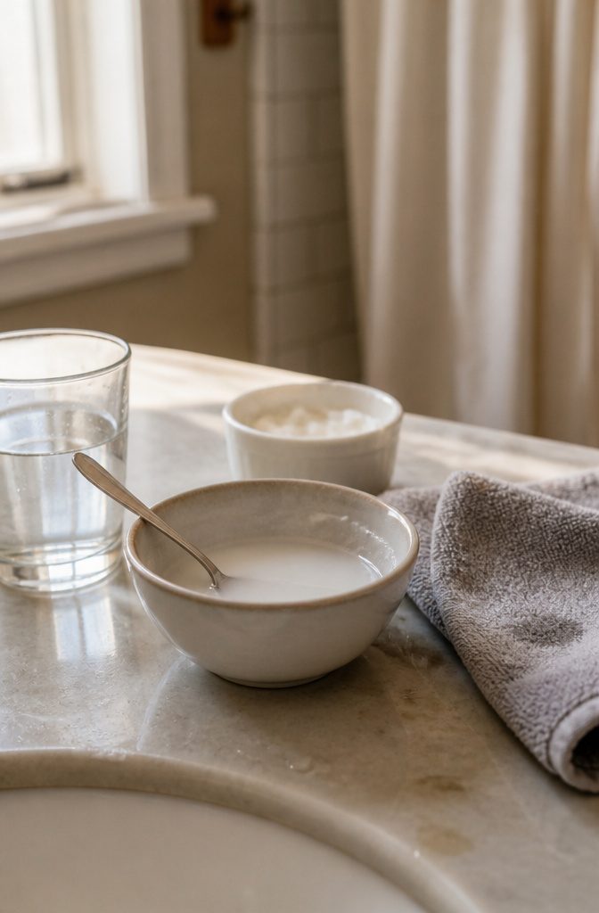 Baking soda mixture and hair care items arranged for application and rinsing