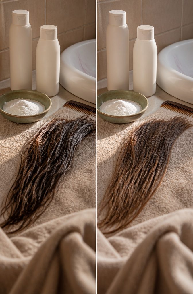 Baking soda, shampoo, and colored hair strands arranged together