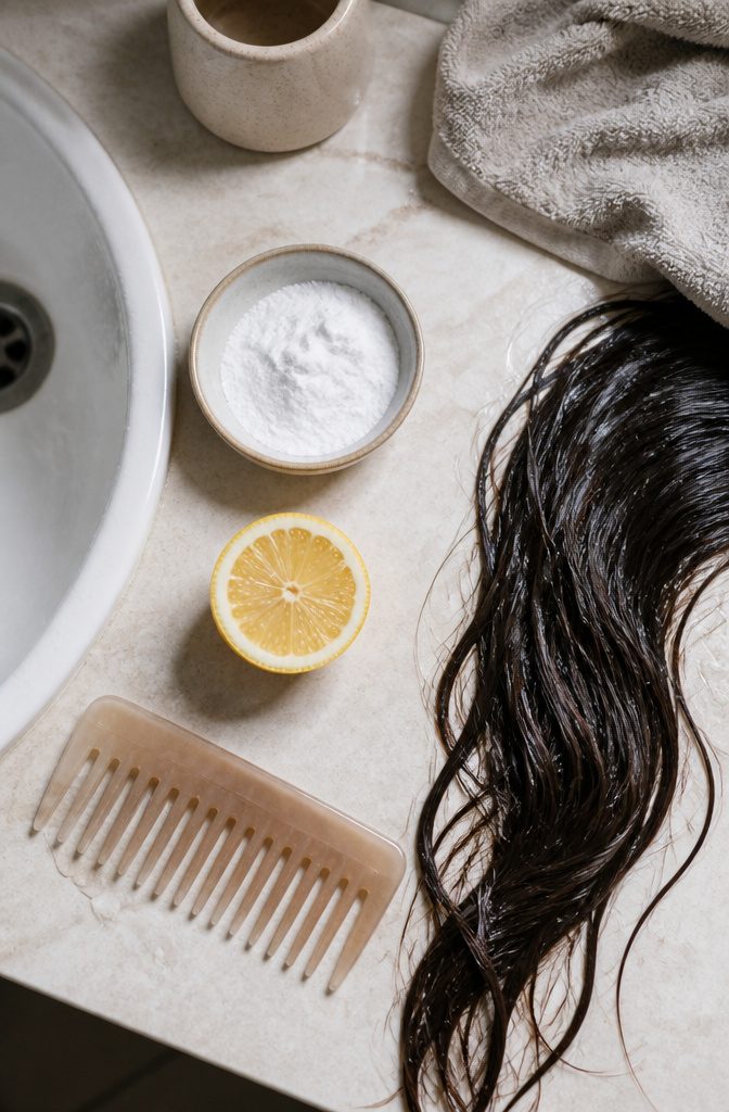 Bowl and comb arranged for a baking soda hair treatment