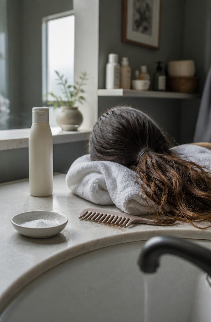 Hair gathered on a towel beside shampoo and a separate dish of baking soda