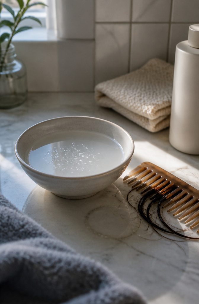 Cloudy water in a bowl beside a comb holding damp hair strands and visible grains