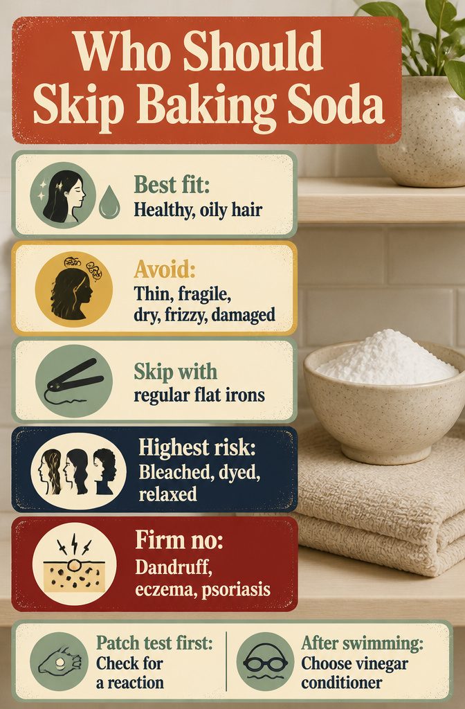 Beauty infographic listing hair types and scalp conditions to avoid with baking soda