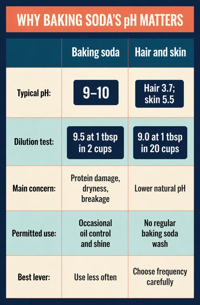 Beauty infographic comparing baking soda, skin, and hair on a pH scale