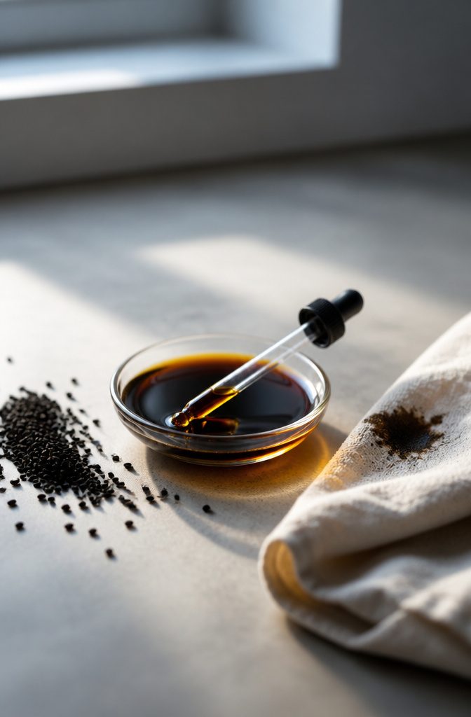 Black cumin oil bottle with dark Nigella sativa seeds nearby