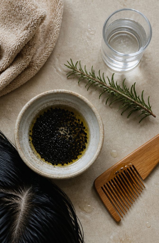 Black cumin oil bottle arranged for a hair care article