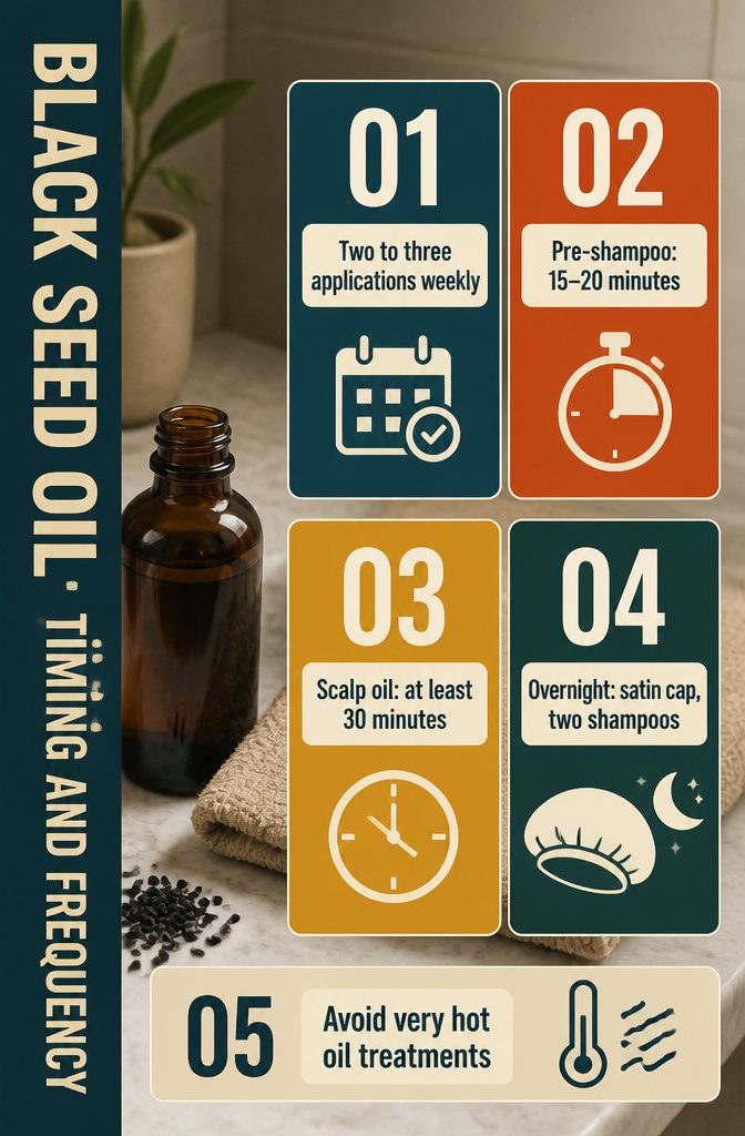 Black seed oil timing and frequency graphic for beauty