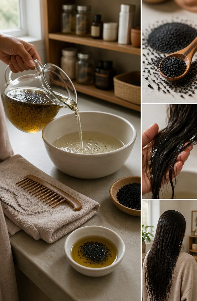 Black cumin oil bottle pictured for hair care advice