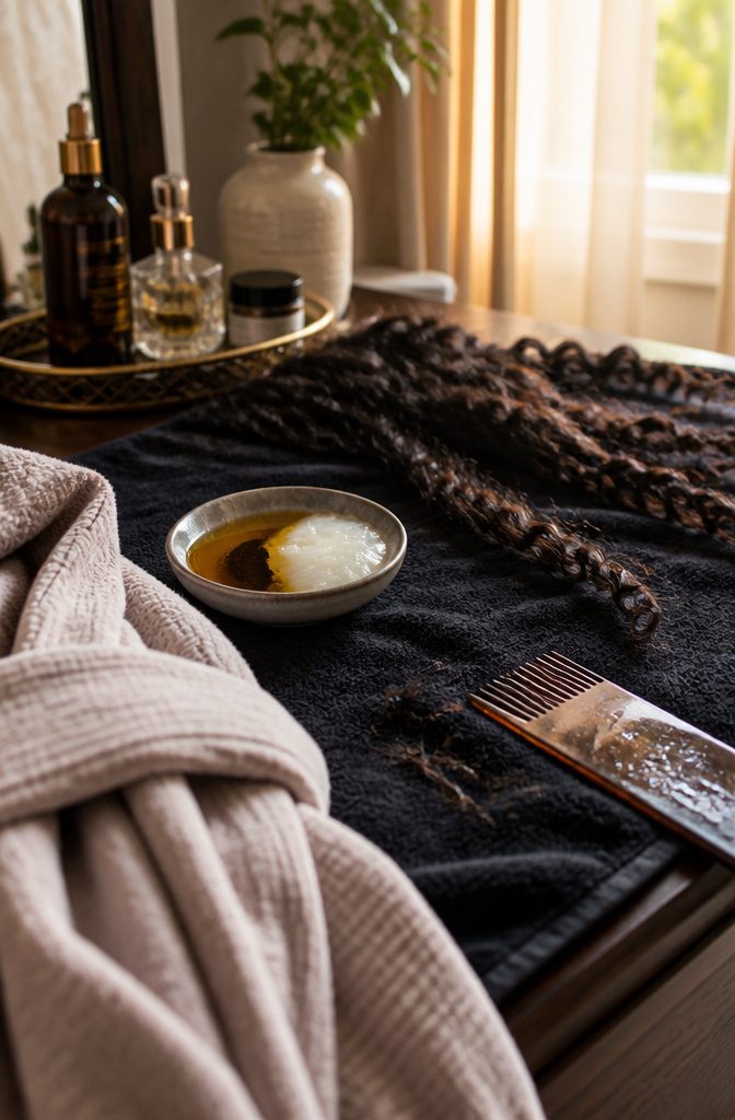 Textured curls on a dark cotton towel beside black seed oil coconut oil and a wide-toothed comb