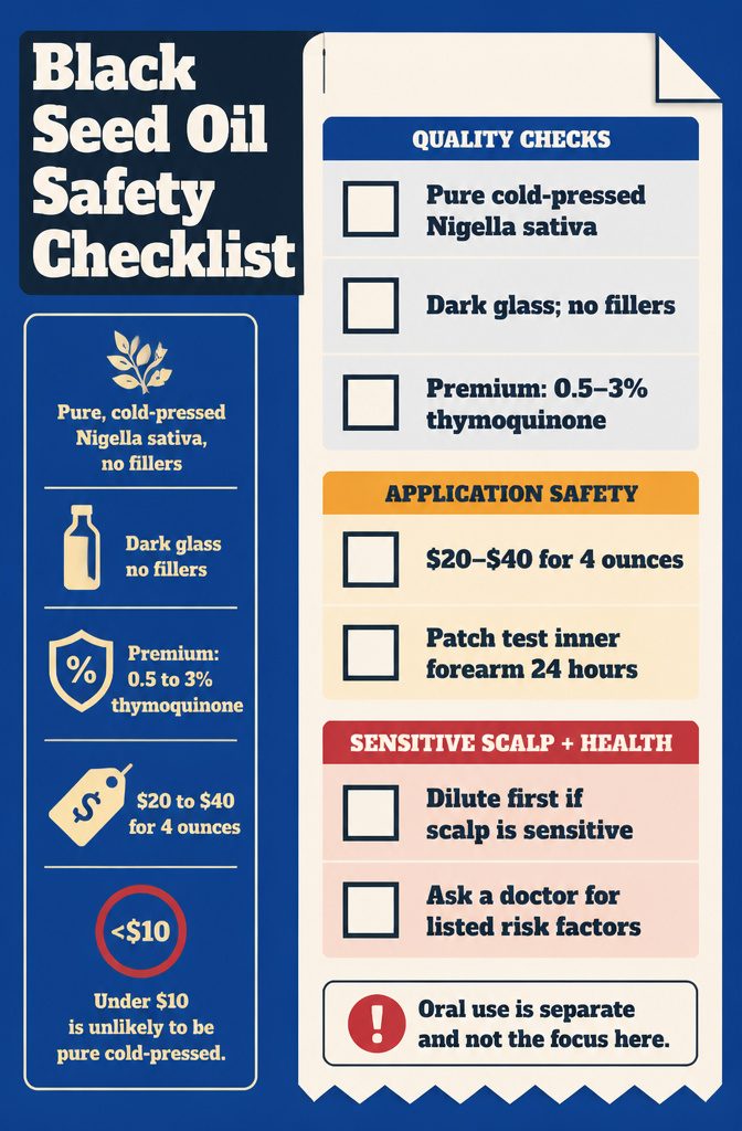 Black seed oil safety checklist graphic for beauty