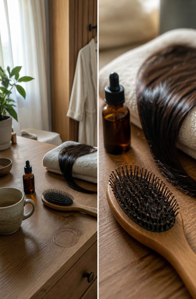 Black cumin oil bottle beside a hair care arrangement