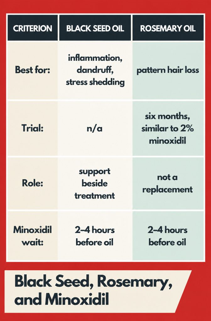Black seed rosemary and minoxidil comparison graphic for beauty