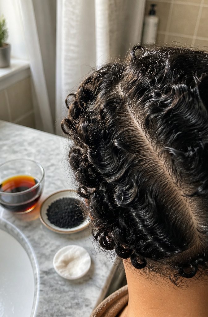 Black cumin oil bottle in a scalp care article