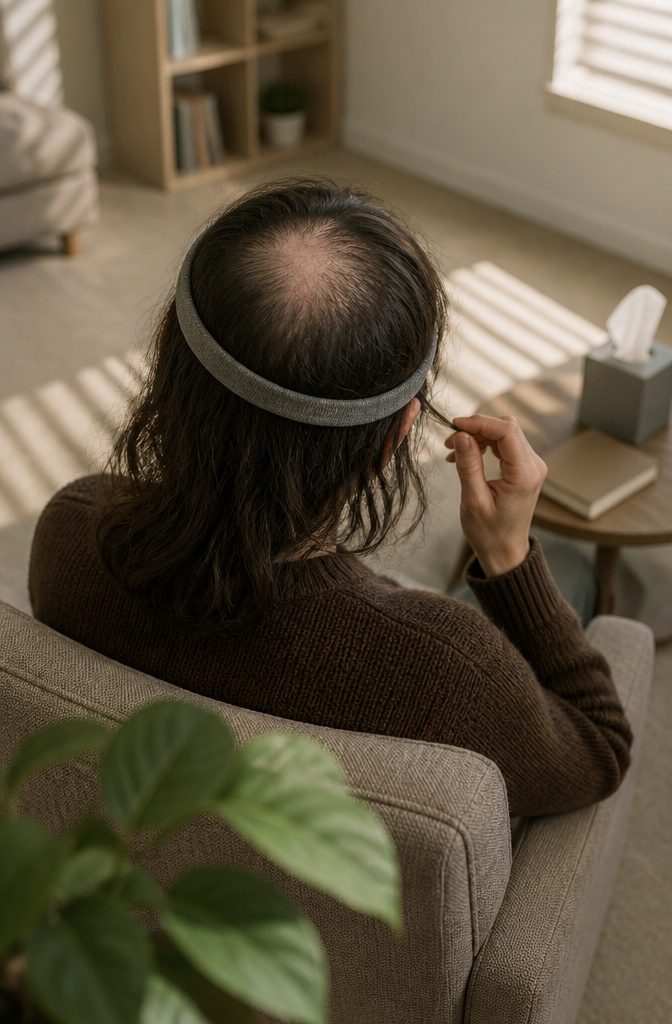 Person with patchy hair loss in a photograph about hair-pulling disorder