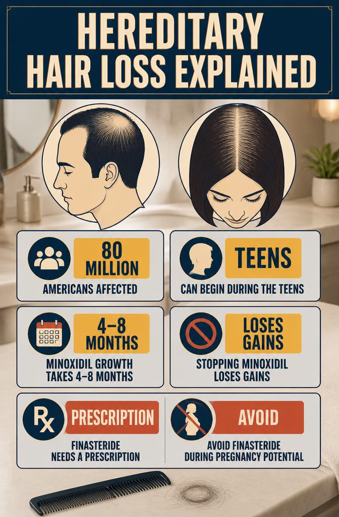 Hereditary hair loss graphic showing temple recession and a widening part