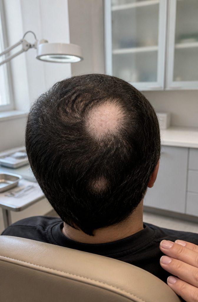 Scalp with a quarter-sized bare patch and short regrowth beside ridged fingernails