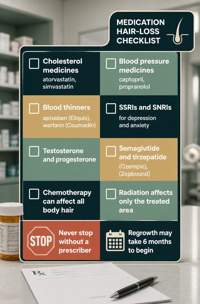 Medication checklist graphic listing drug types linked with hair thinning