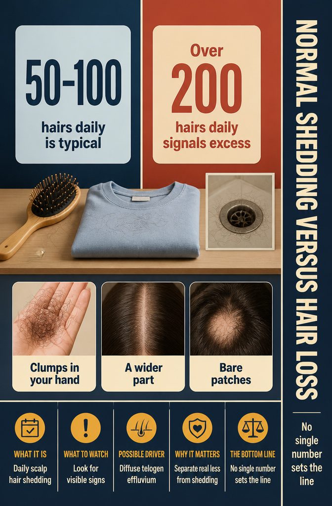 Hair loss graphic comparing normal shedding with clumps and bare patches