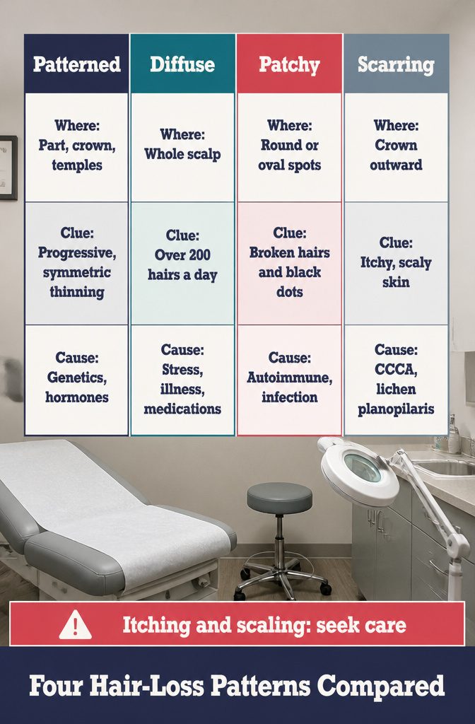 Graphic comparing four hair loss patterns across the scalp
