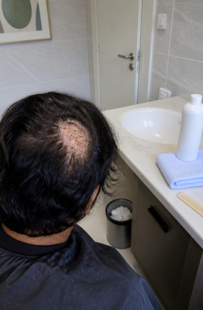 Cropped scalp with patchy bald area dark dots scaling and inflamed rim