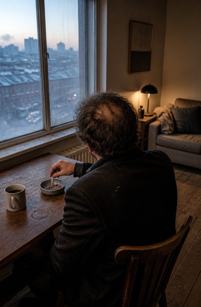 Person with thinning hair in a photograph about smoking and pollution