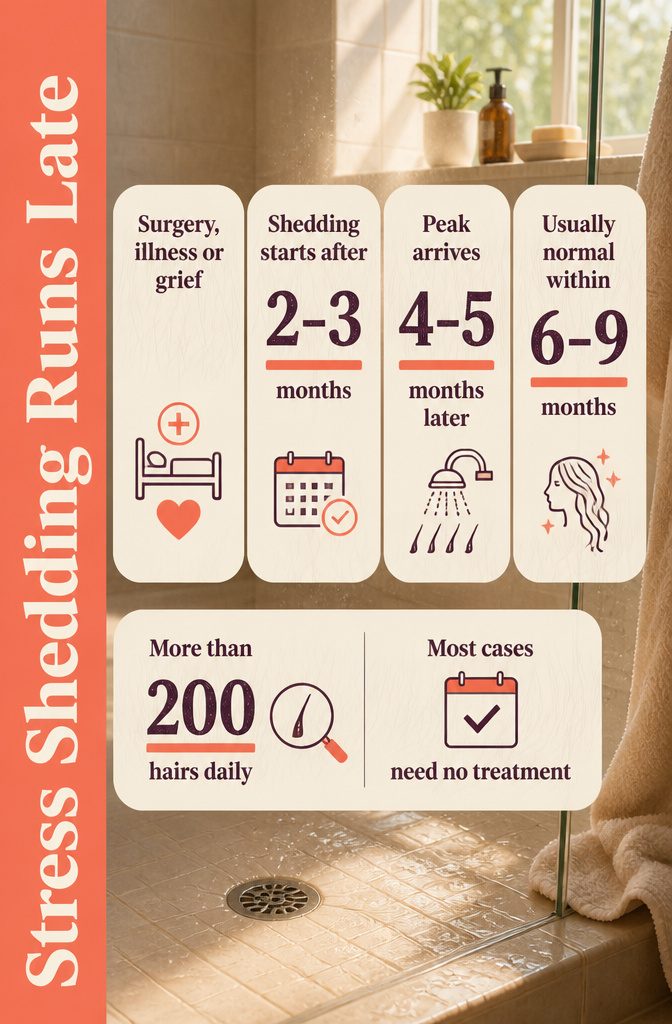 Stress shedding graphic showing a delayed hair loss timeline