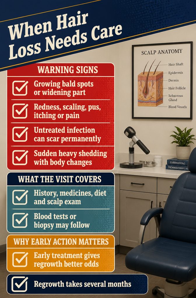 Hair loss care graphic listing scalp symptoms and signs needing a doctor