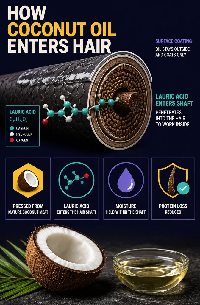 Coconut oil diagram showing how oil enters the hair shaft
