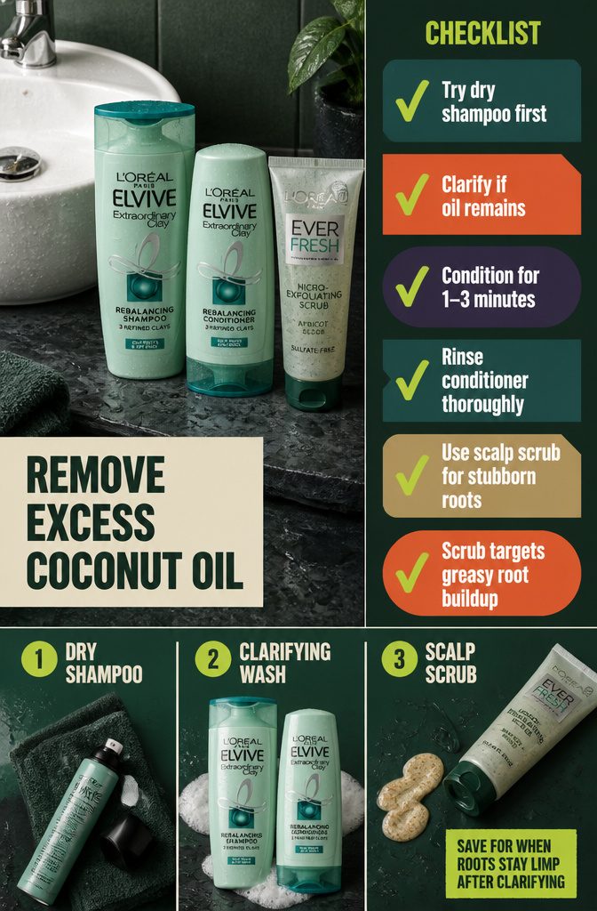 Coconut oil removal graphic listing dry shampoo shampoo and scalp scrub