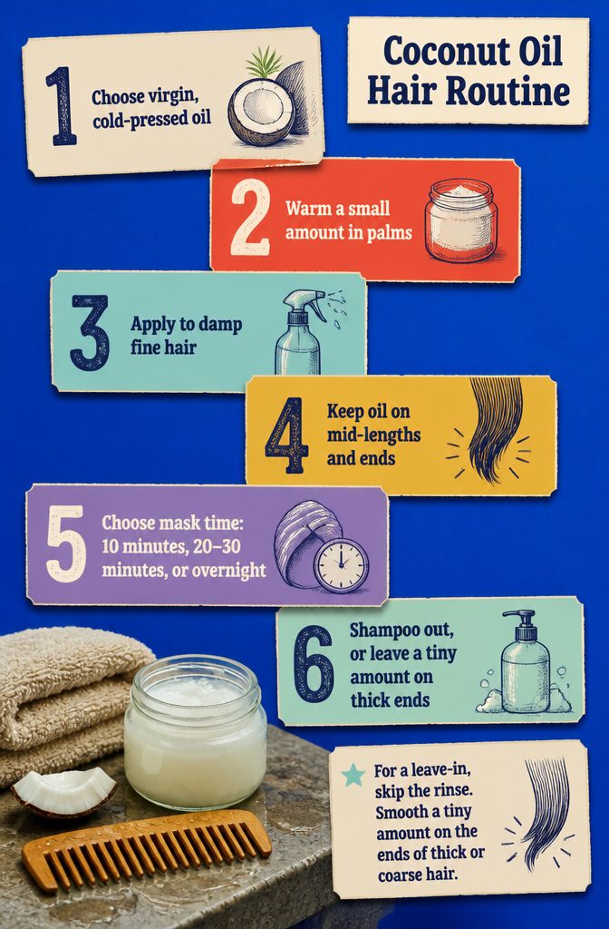 Coconut oil routine graphic with numbered application steps