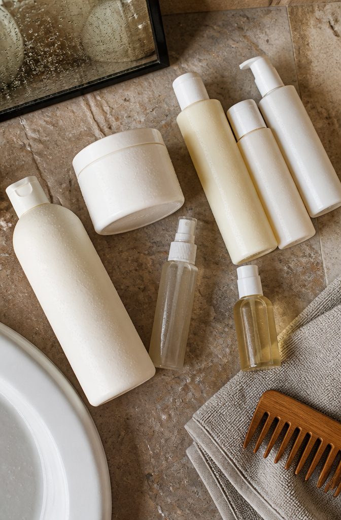 Coconut oil hair products shown together for washing conditioning and styling