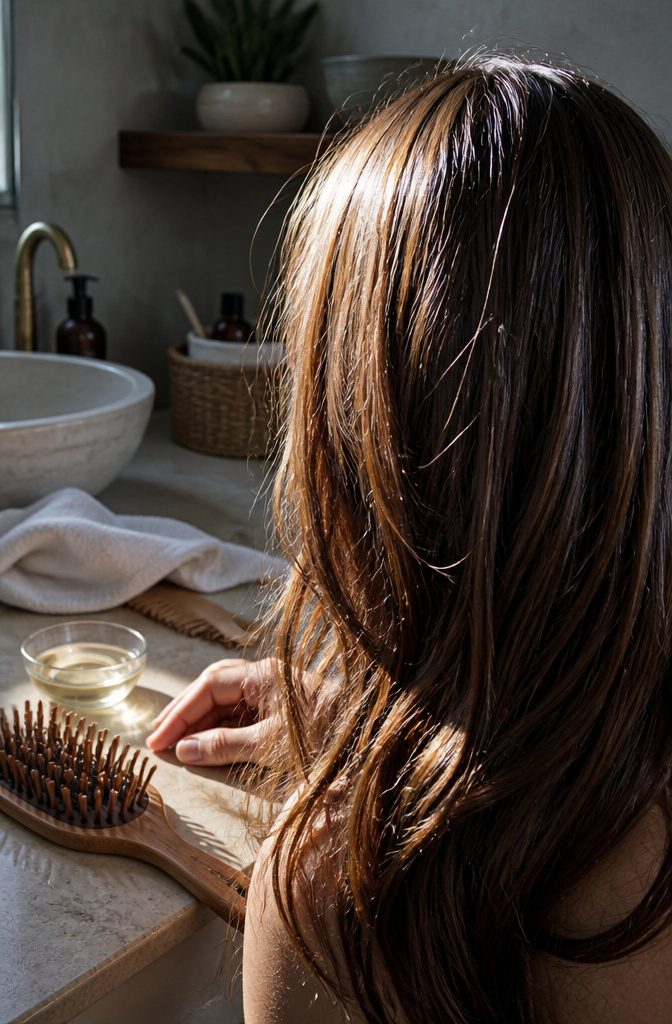 Dry hair catching window light with flyaways near the crown