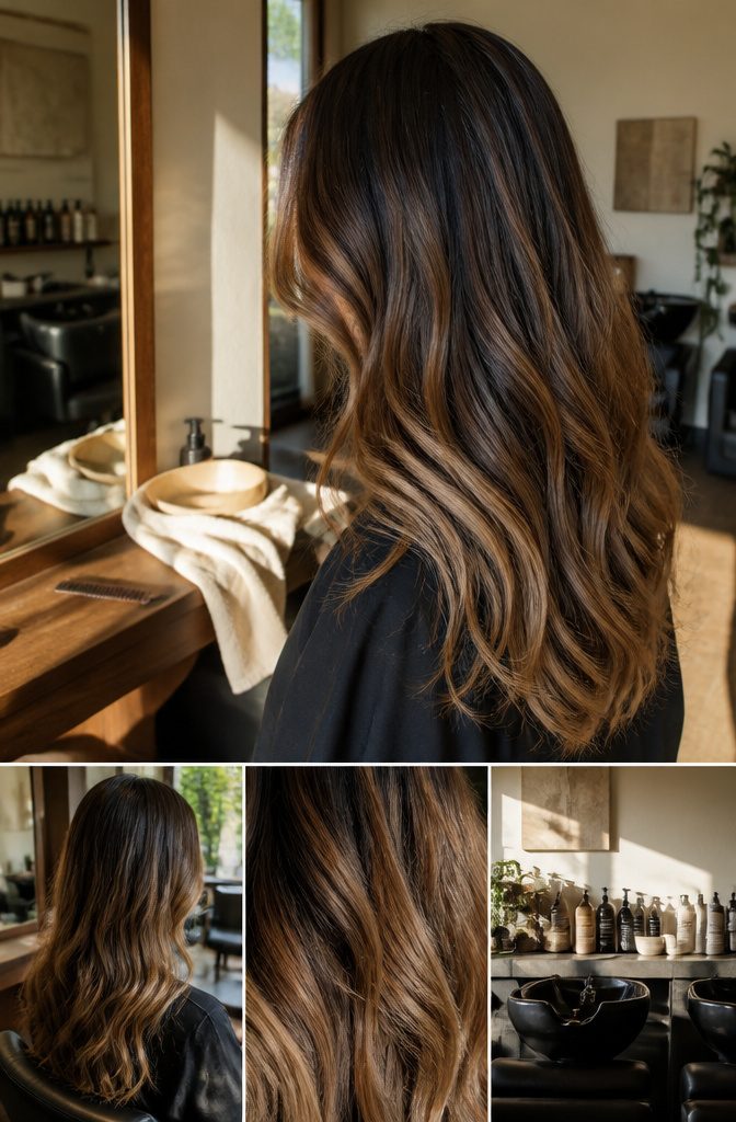 Coffee-brown hair in a medium shade with soft, natural-looking highlights