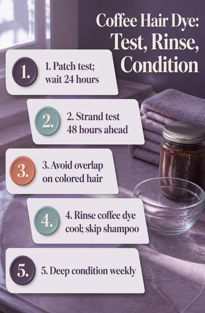 Beauty graphic titled Coffee Hair Dye Test Rinse Condition