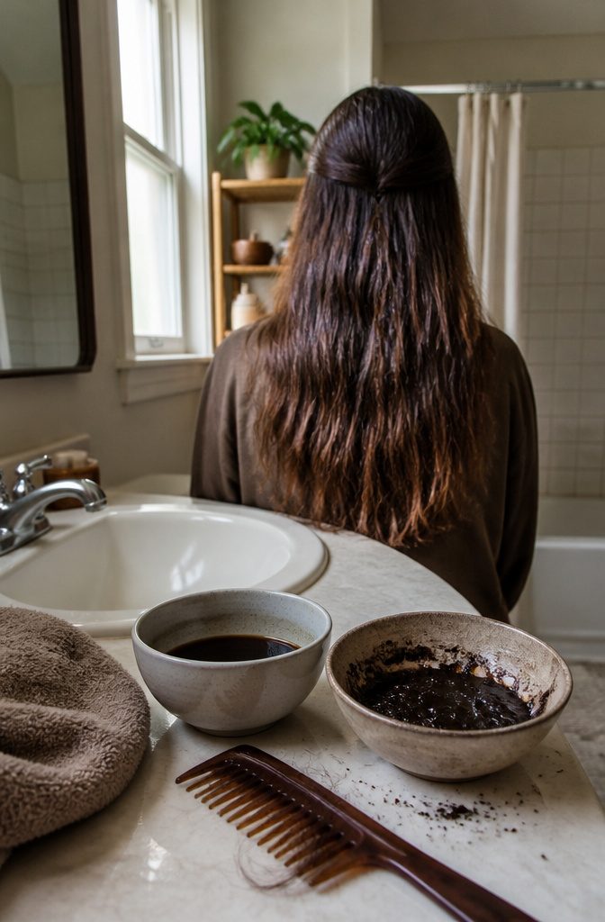 Brown hair with a subtle chocolate sheen beside a bowl of coffee and grounds