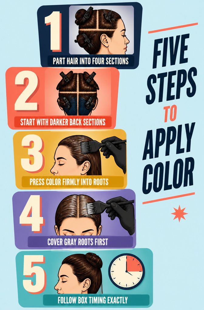 Hair coloring steps showing sectioned hair and dye application with a brush