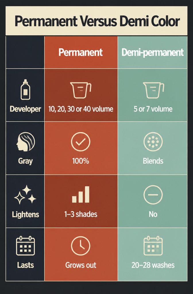 Hair color chart comparing permanent demi semi and temporary dye types