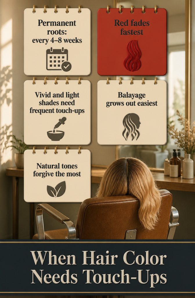 Hair color chart showing touch-up timing and balayage root growth