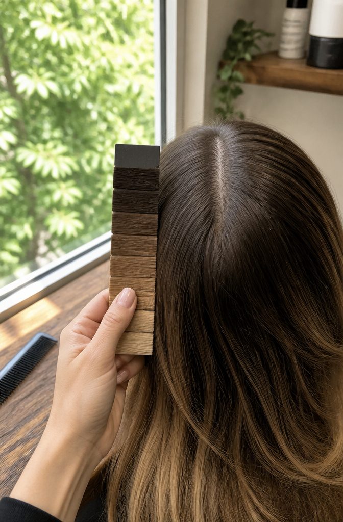 Crown part with natural brown roots beside a ladder of hair color swatches