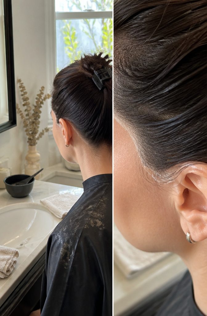 Hairline and ears bordered with Vaseline before hair dye application