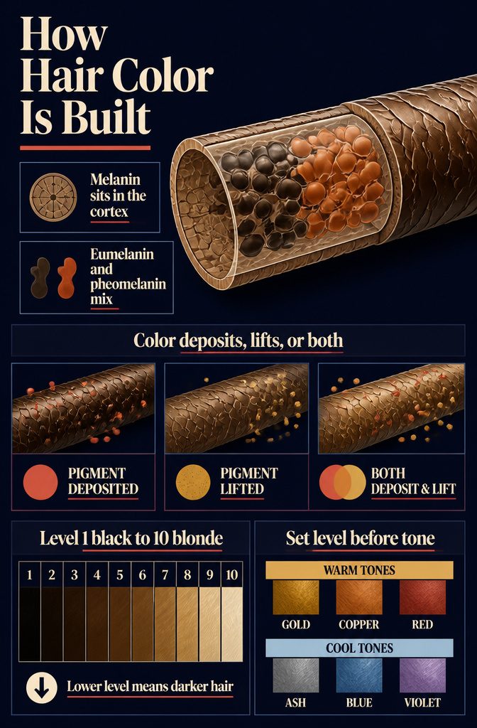 Hair color diagram showing melanin in the cortex and pigment types