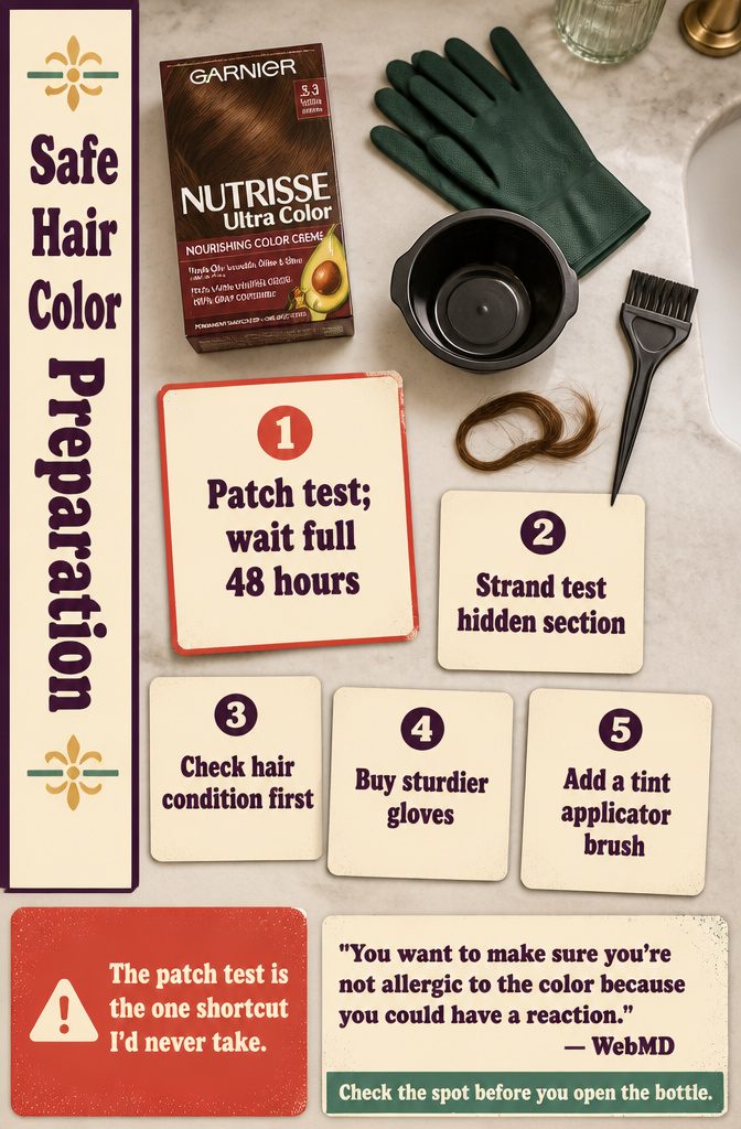 Hair color preparation tools with gloves tint brush and test supplies