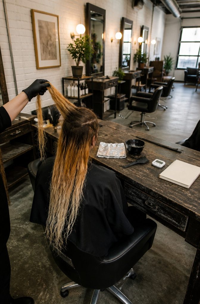 Hair color photograph showing a stylist working on a client's hair